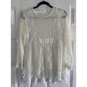 Indigo Soul Boho Lace Mesh Sequin Tunic Womens Size M Ivory White Long Sleeve